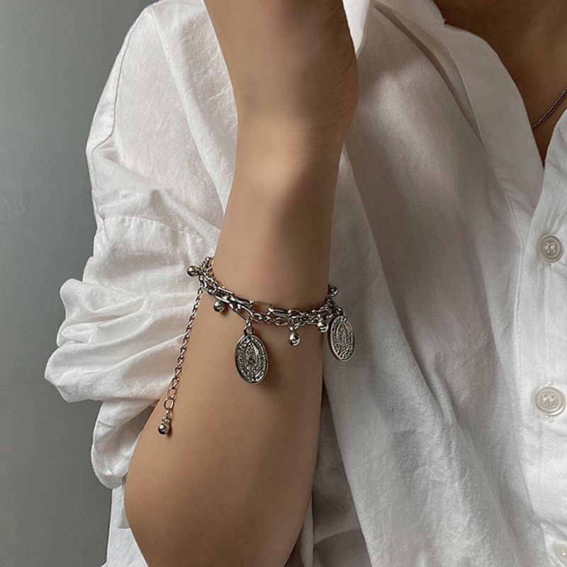 Gelang Rantai Tebal Liontin Salib Hati Beruang Bahan Logam Warna Silver Gaya Punk Untuk Wanita