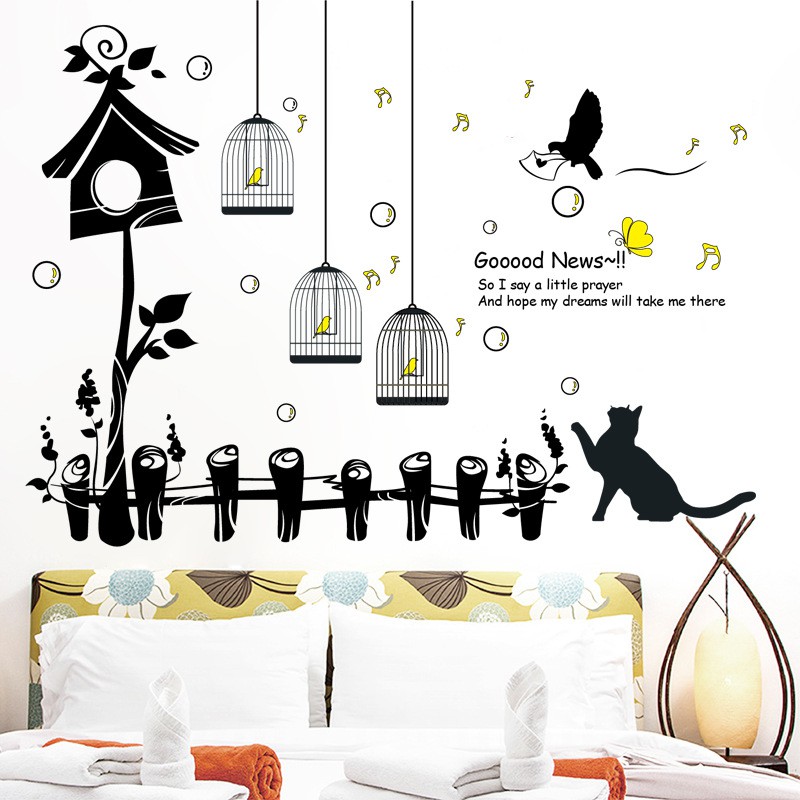 RELIZA WALL STICKER SANGKAR KUCING PAGAR TAMAN BIRD BURUNG DAPUR STIKER DINDING XL8267