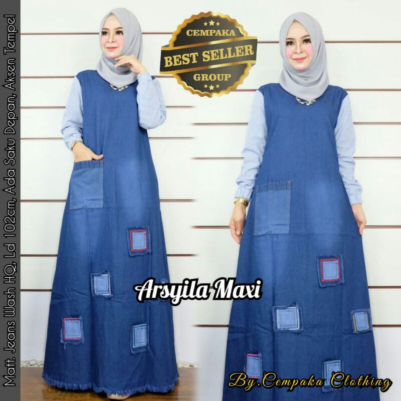 Gamis jeans kombinasi lengan salur