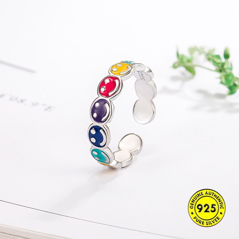 Cincin S925 Silver Model Terbuka Dapat Disesuaikan Motif Smiley Warna Pelangi Untuk Wanita