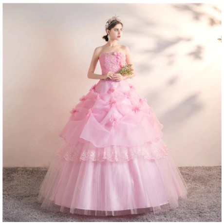 Gaun pesta dusty pink ballgown tanpa lengan puffy