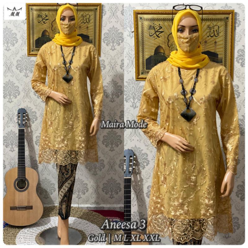 SET KEBAYA TUNIK TULLE - KEBAYA TUNIK ANEESA 2 - KEBAYA WISUDA - KEBAYA KONDANGAN - KEBAYA BROKAT-gold
