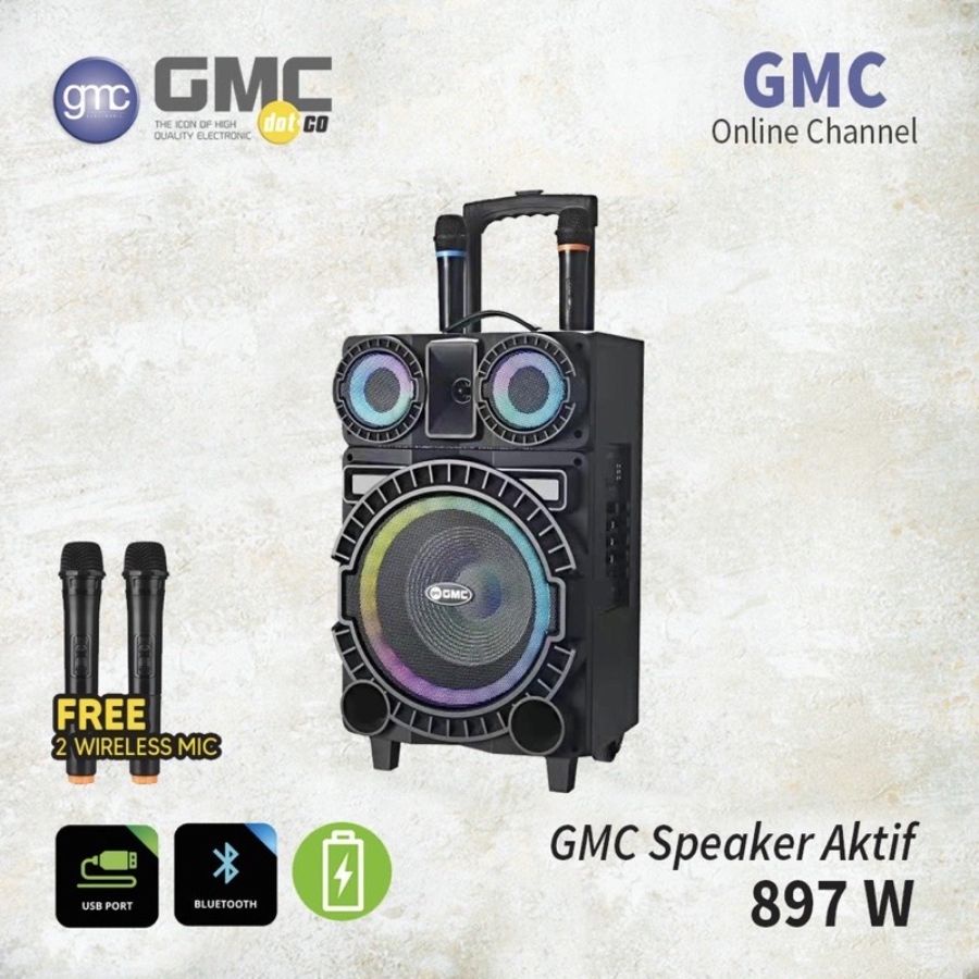 Speaker Portable Bluetooth Amplimeeting GMC 897W 897 W 10in 10 Inch Bonus 2 Mic Wireless Speaker Karaoke