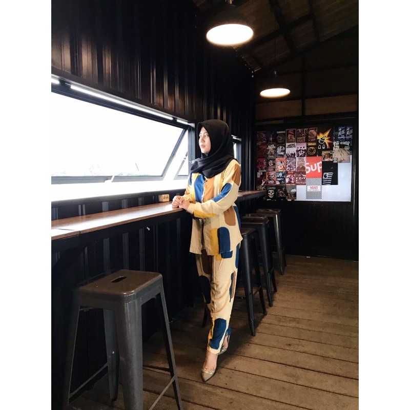 one set baju piyama yellow combi blue Free masker kain