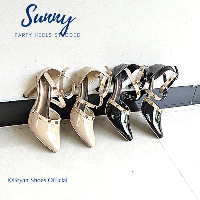 Bryan Sunny Heels Studded Glossy Pesta Rockstude Hak Runcing 9cm Jumbo 36-40 41 43 Berkualitas