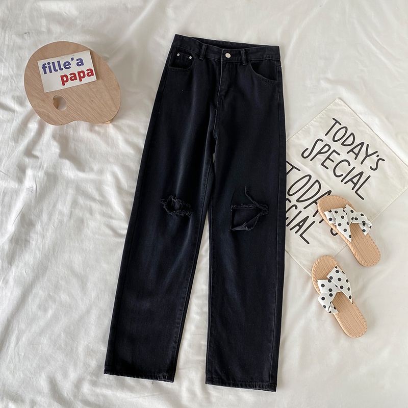 hitam Korean style robek jeans longgar highwaist lurus celana jeans wanita import