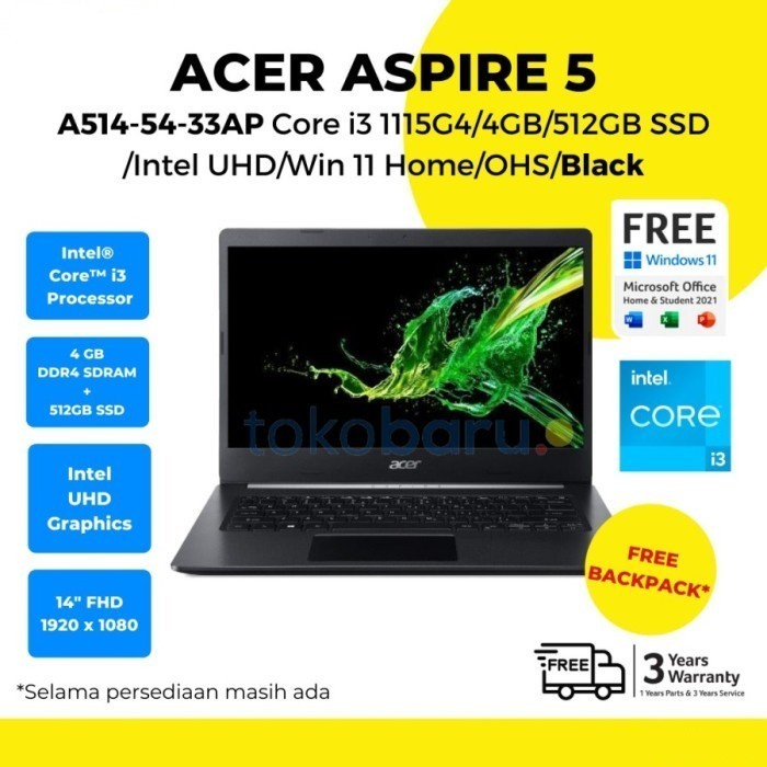 Laptop notebook Acer Aspire 5 A514-54 CI3-1115G4/4GB/512GB/14&quot;/WIN11+OHS 2021 FHD Garansi resmi