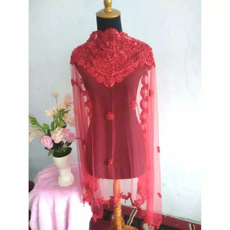 Slayer Pengantin / Hijab Pengantin / Veil Pengantin / Selendang Pengantin / Selendang Ibu Besan / Selendang Akad / Kerudung Bordir Mutiara-2