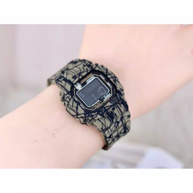 Jam Tangan Pria/Wanita Kasual Sporty Digital Kotak Strap Rubber Loreng X-27