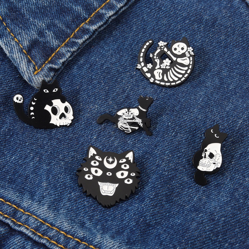 Bros Pin Enamel Bentuk Kucing Tengkorak 5 Gaya Gothic Punk Untuk Hadiah