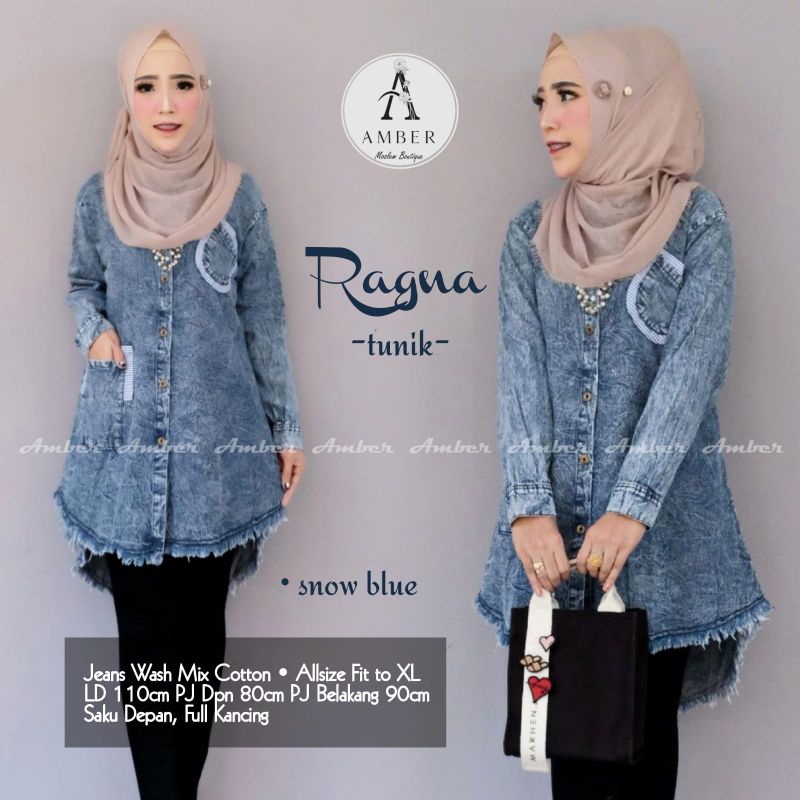 Ragna Tunik • Jeans Wash Mix Cotton • Ld 110 Pj depan 80 belakang 90 • saku depan full kancing