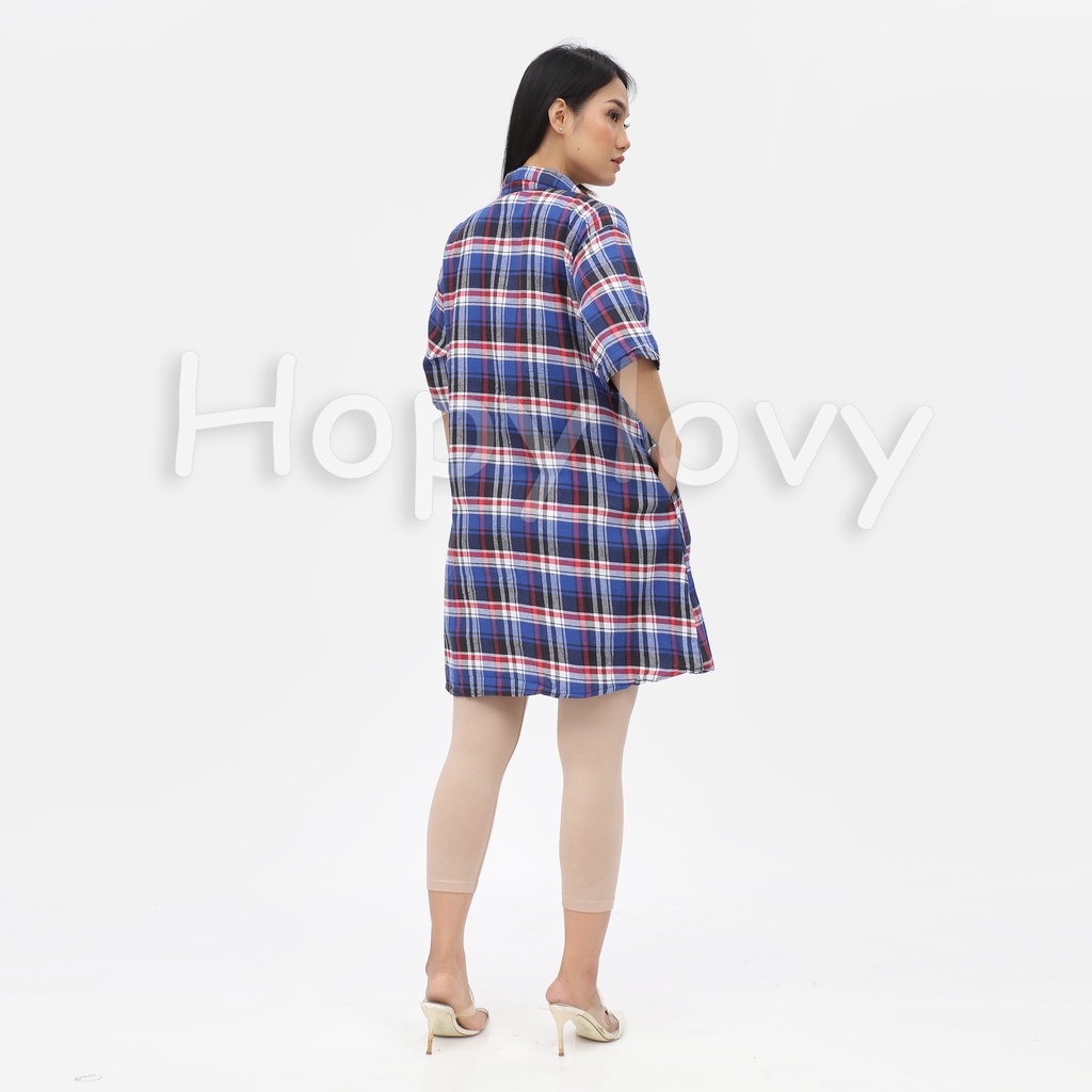 HOPYLOVY - Midi Dress Kemeja Wanita Oversize Kotak-Kotak Addiza