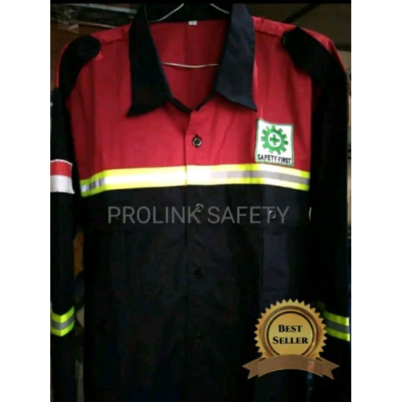 SERAGAM SAFETY DONGKER KOMBINASI MERAH KANCING SCOTLIGHT HIJAU KAIN DRILL