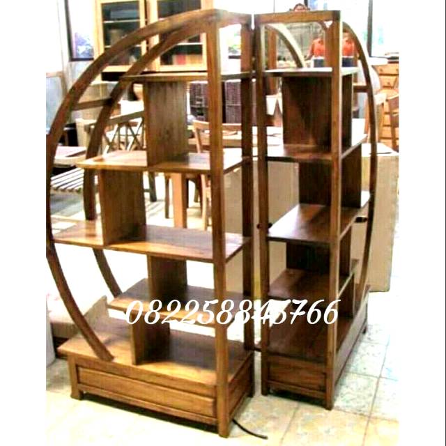 Rak Buku Bufet Hias Boneka Guci Model Bundar Parabola Kayu Jati Jepara
