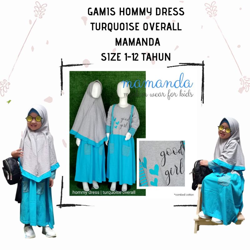 GAMIS KAOS ANAK PEREMPUAN PAKAIAN MUSLIM ANAK PEREMPUAN WARNA TURQOISE BY MAMANDA SIZE 1-12 TAHUN
