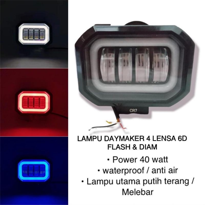 LAMPU TEMBAK DAYMAKER 4 MATA LED MODEL KOTAK 40 WATT LENSA 6D MOTOR MOBIL BISA