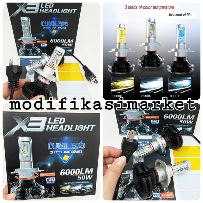 lampu led headlamp mobil h4 phillips x3 6000k 3000k 8000k