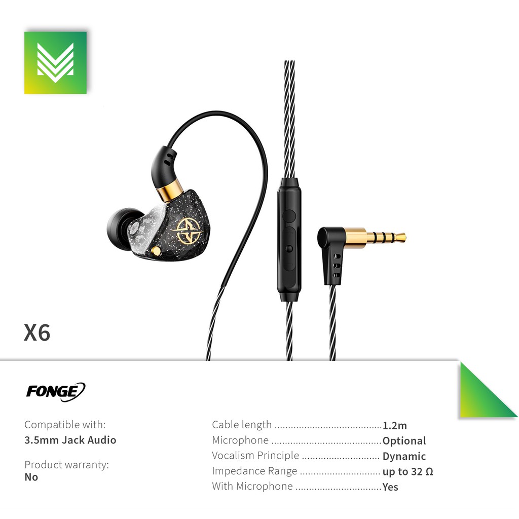 Fonge X6 with Mic Earphone In-Ear Heavy Bass Subwoofer Large Moving Coil Sports Music Gaming