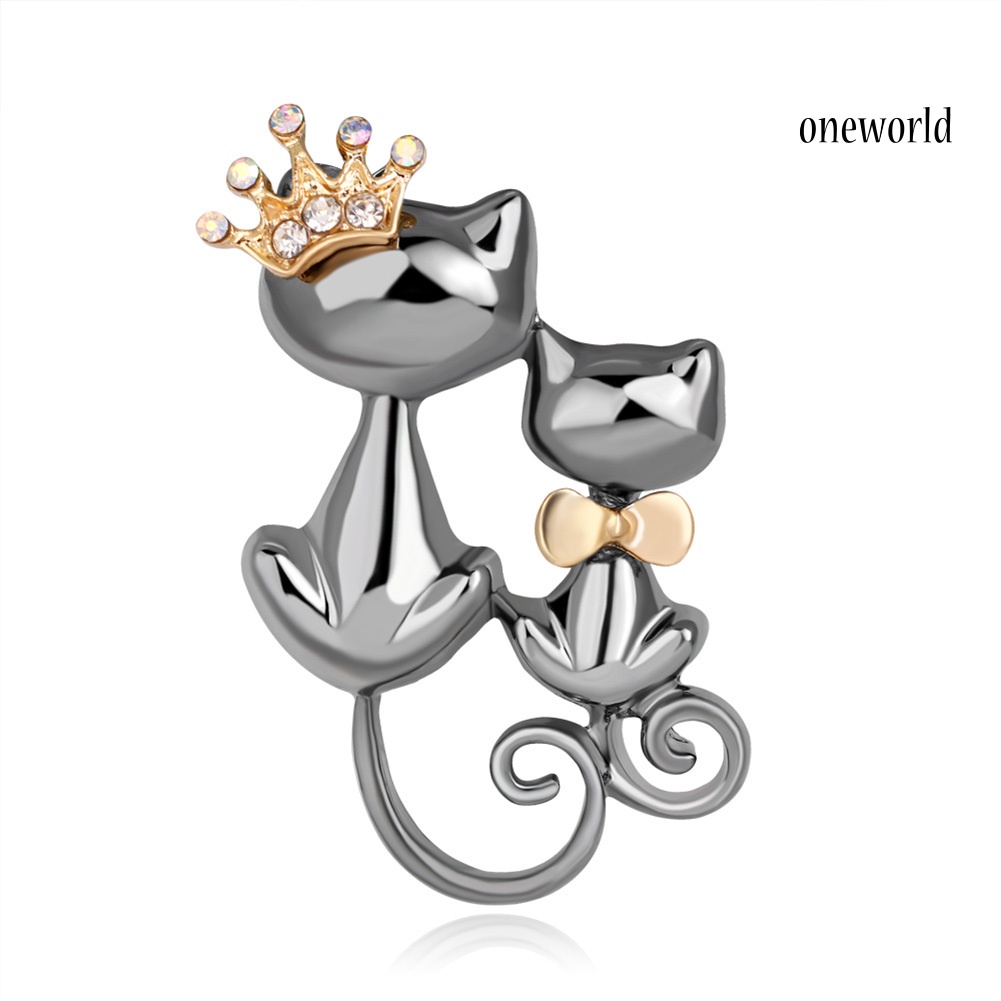 OW@ Fashion Jewelry Shiny Rhinestone Cute Double Cats Kitten Crown Brooch Pin Gift