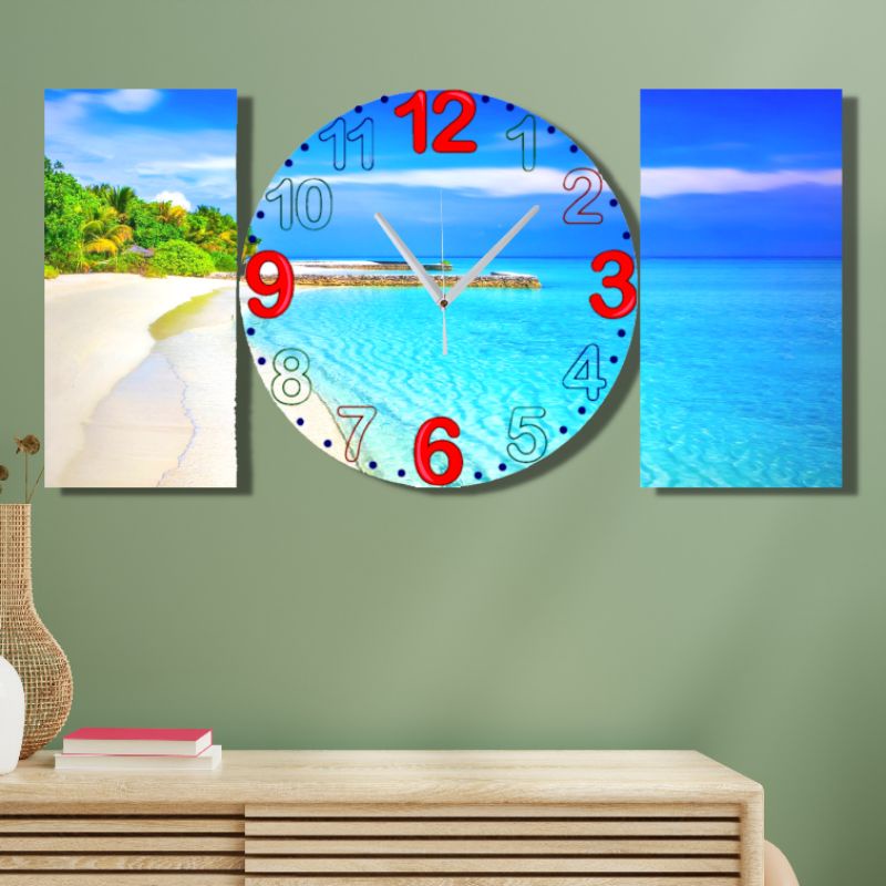 Jam dekorasi dinding pemandangan pantai ( bisa custom gambar )
