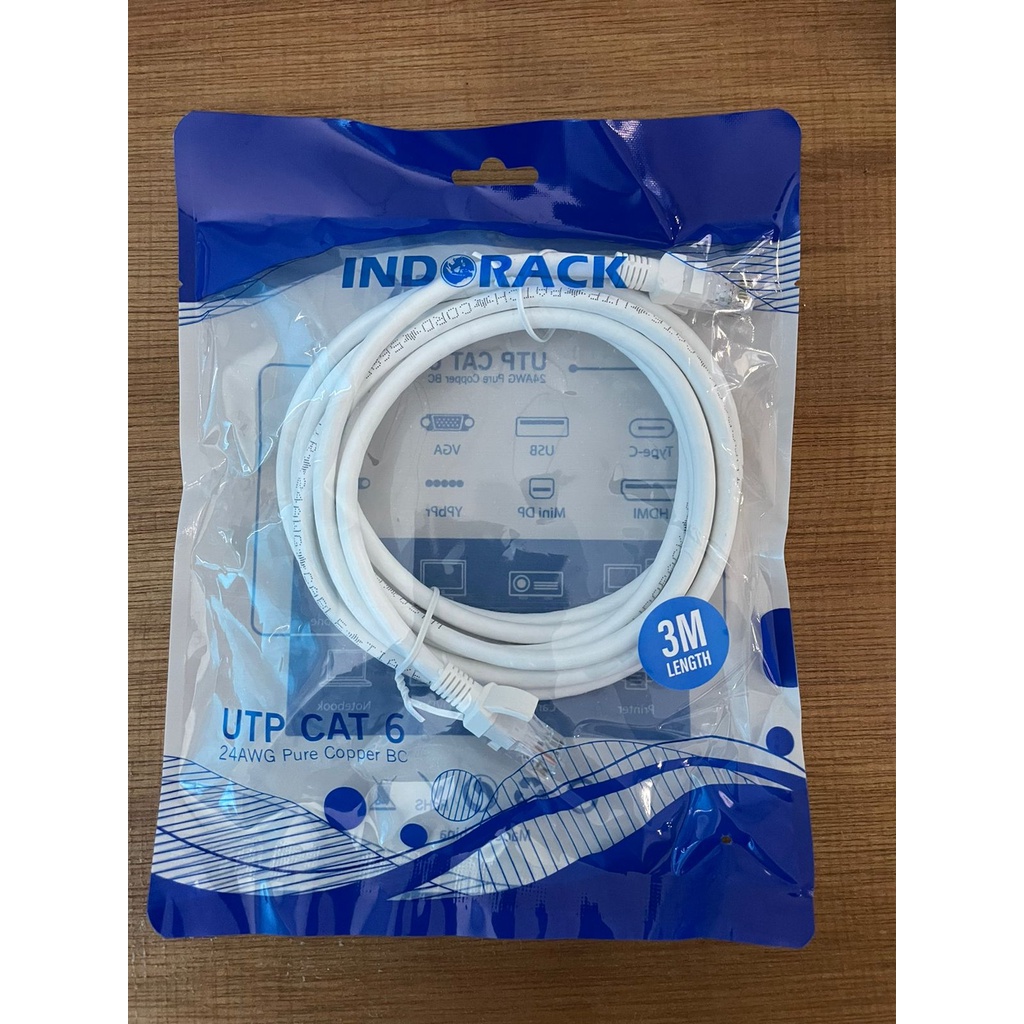 Patch Cord CAT6, 24AWG, 3 Meter Blue / White / Yellow - INDORACK 3 Meter