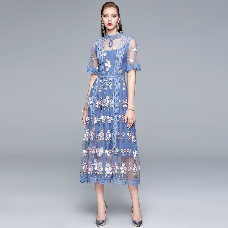Embroidery Super Fairy Blue Floral Dress