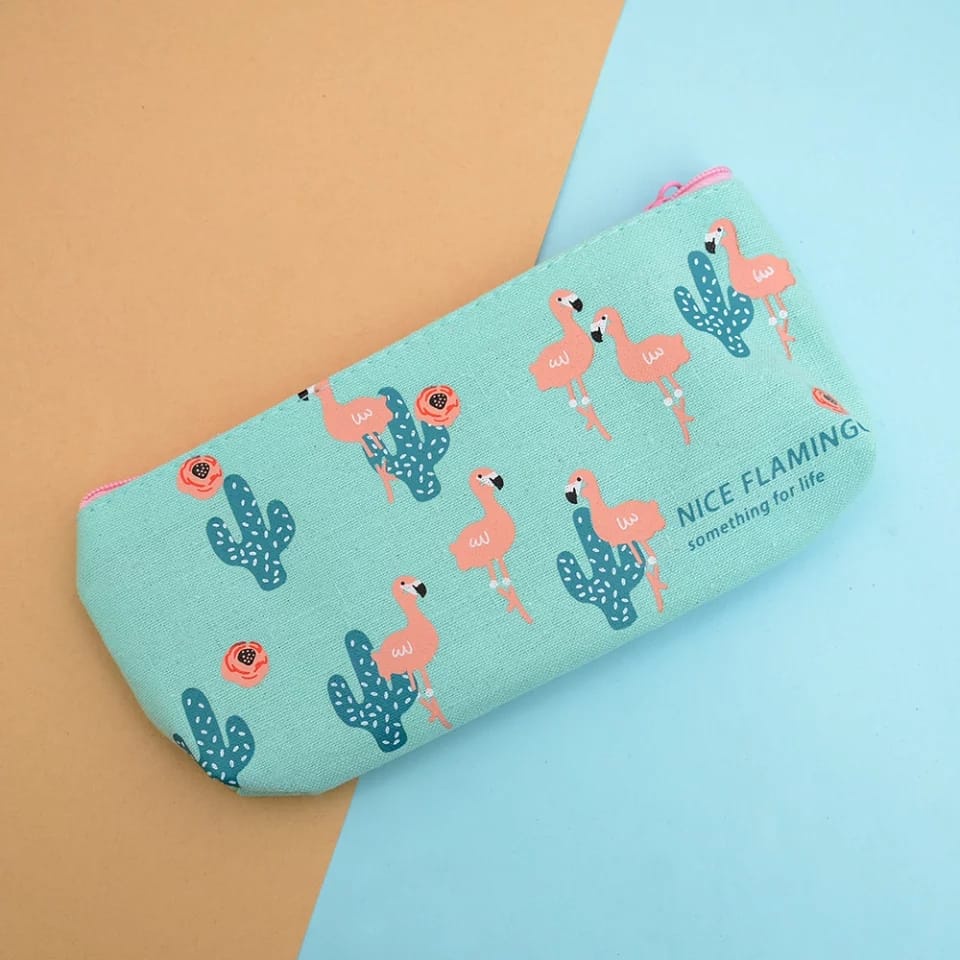Tempat Pensil Sekolah Kanvas Stylish Simple Import Kotak Pensil Motif Aesthetic Resleting Bisa Untuk Alat Tulis Makeup-Tosca Flamingo
