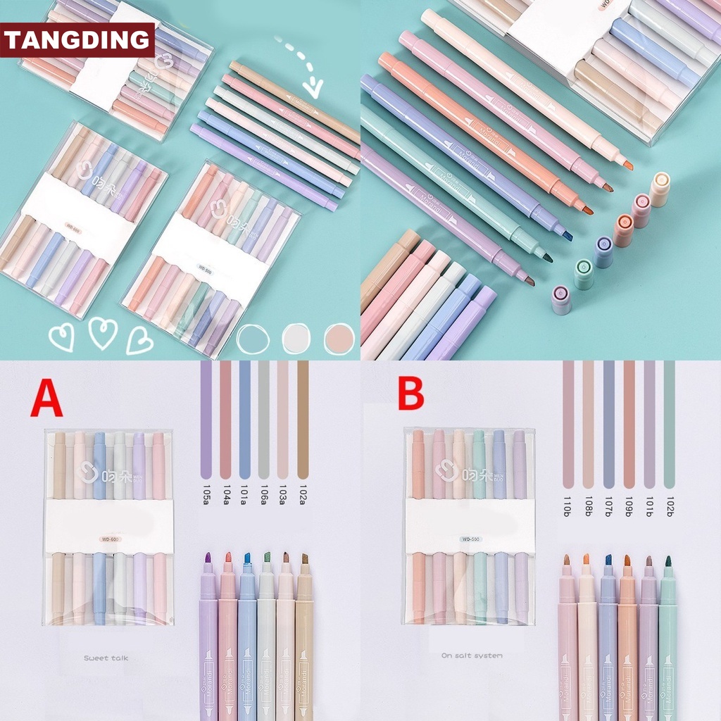 【COD Tangding】6pcs/set Double-head Color Highlighter Fiber Soft Head Pen Salt Sweet Ins Eye Protection DIY Hand Account Mark