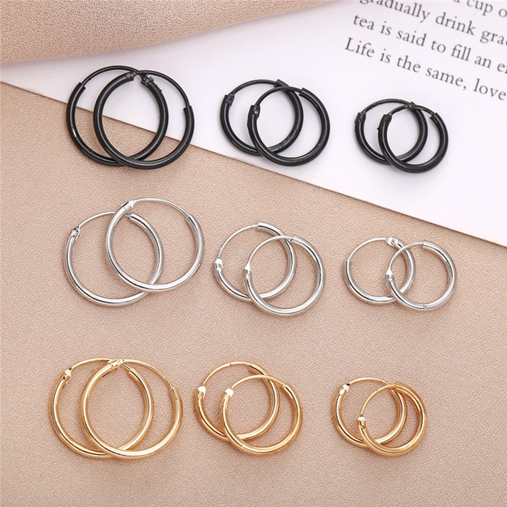 Mxbeauty Anting Bulat Geometris 3 Ukuran Warna Hitam / Silver Gaya Punk Hip-Hop Untuk Wanita