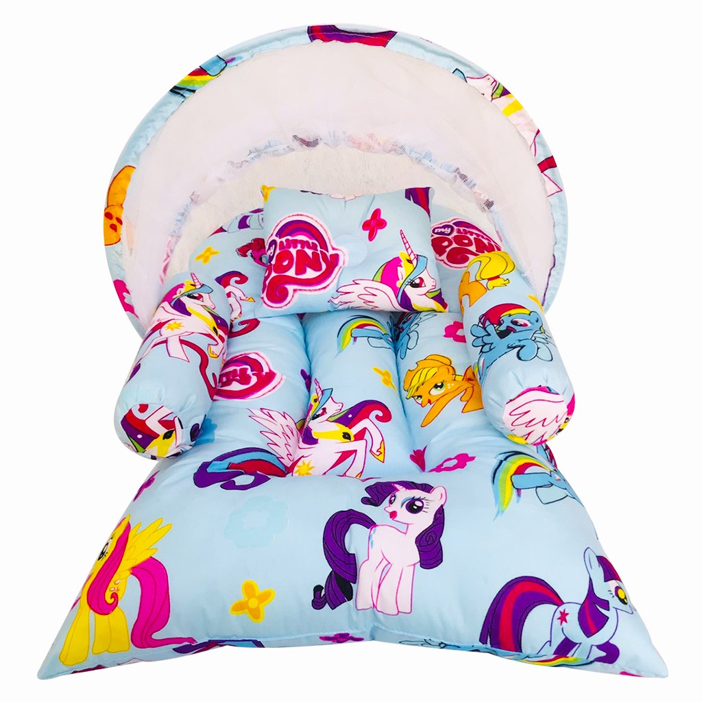 Kasur Bayi Kuda Pony Biru Berkelambu Set Bantal &amp; Guling / Keranjang Bayi Anti Nyamuk Lucu