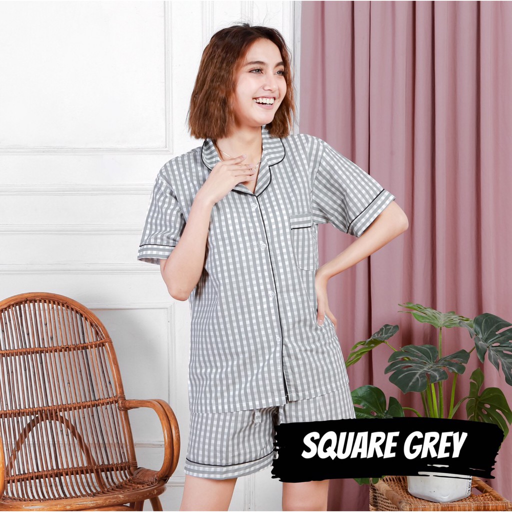 PIYAMA WANITA KATUN GARIS KOTAK POLOS / SQUARE VERTICAL baju tidur pajamas dewasa