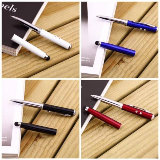 pulpen 5 in 1 jadi senter led - pulpen - laser led - stylus hp elegan - Biru