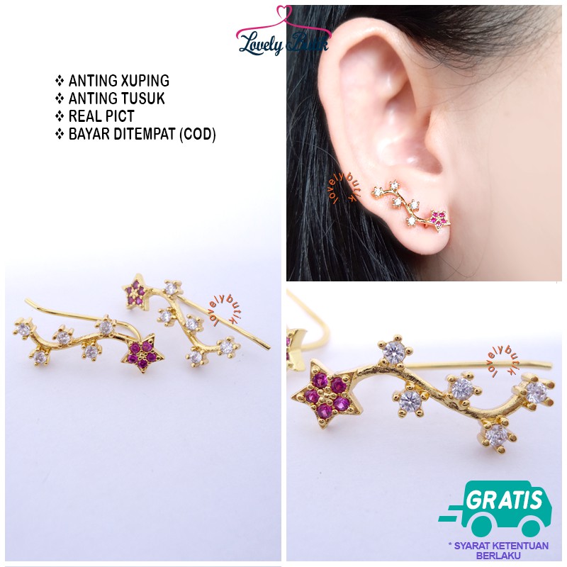 Lovelybutik Anting Xuping Emas Perhiasan Fashion Wanita Anting Wanita Korea Jepit Bunga Permata