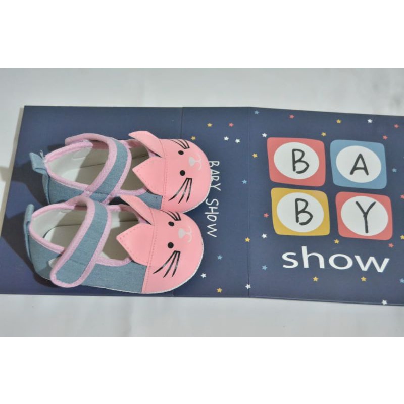 sepatu bayi prewalker denim motif kucing pink