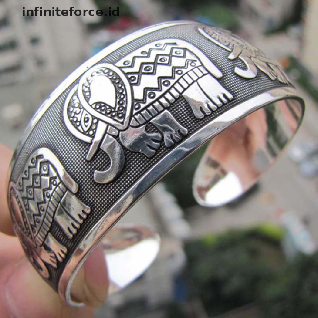 Gelang Bangle Cuff Totem Tibet Warna Silver Untuk Wanita