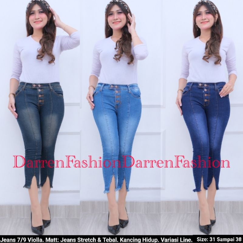 Celana Jeans Wanita 7/9 Button Variasi Line Rawis Violla