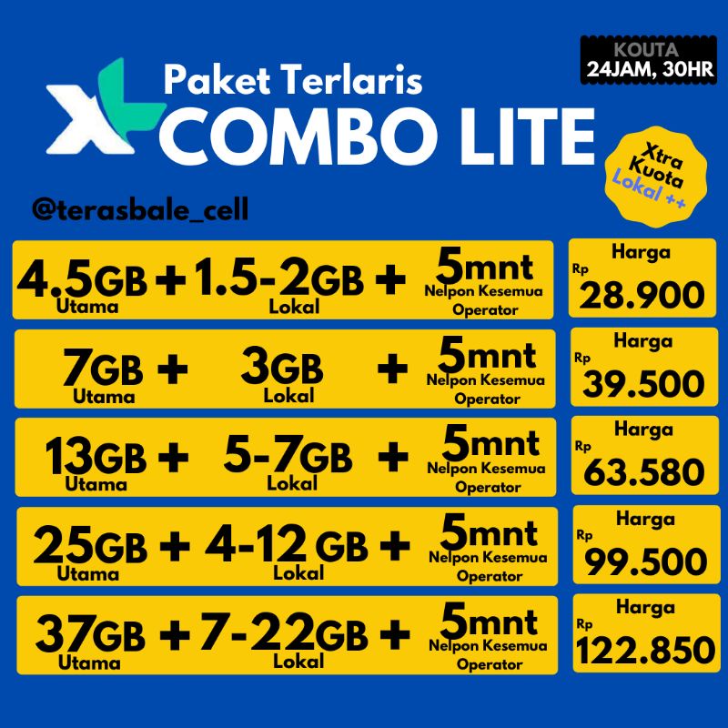[MURAH] KUOTA XL COMBO LITE 3gb 6gb 6.5gb 7gb 10gb 13gb 20gb 25gb 37gb 59gb