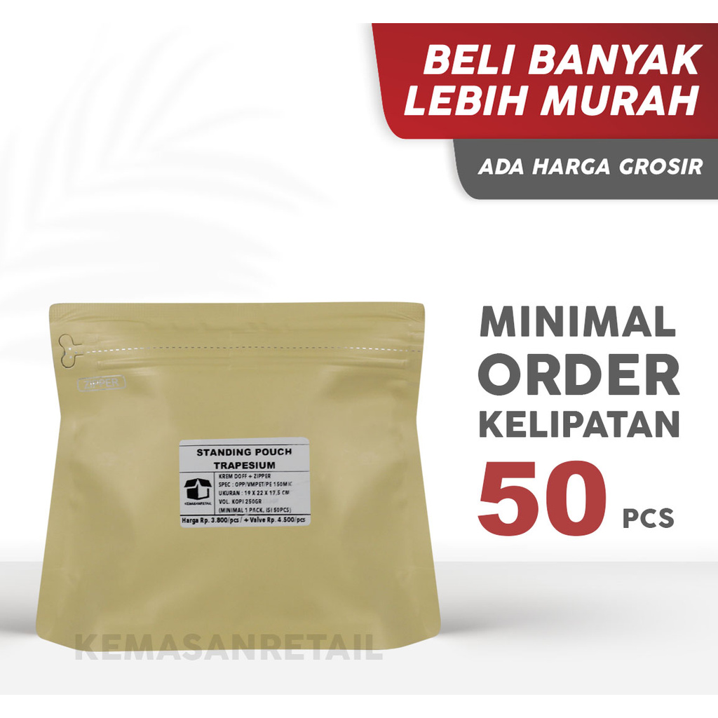 Standing Pouch Trapesium Import Zipper Krem Doff 22x17.5 250gr | Zipper | Non Zipper | Kemasan Premi