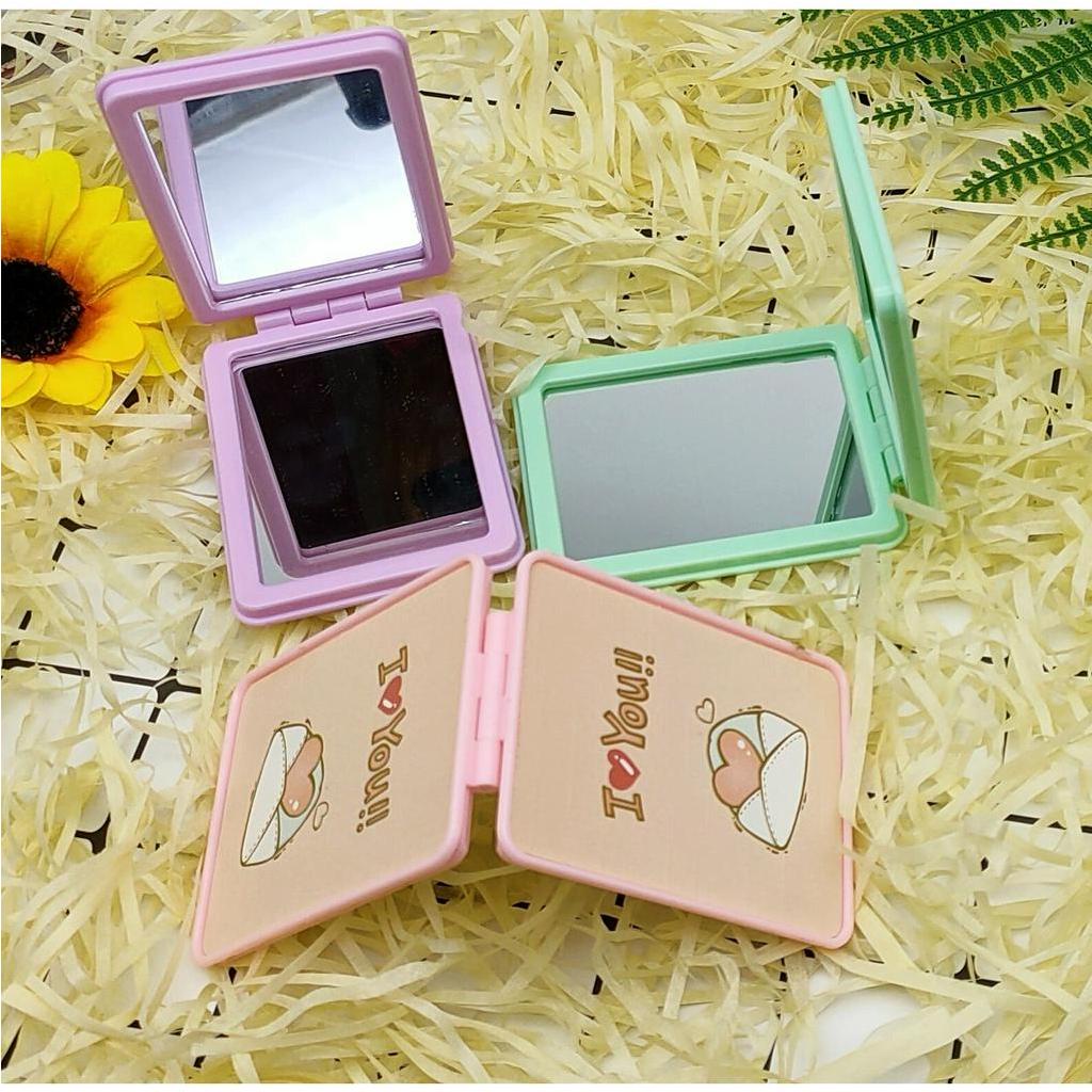 MMM Cermin Lipat Mini Full Dua Sisi Model Petak &amp; Bulat Karakter Cermin Rias Saku Warna Pastel Kaca Lipat Portable Murah Import