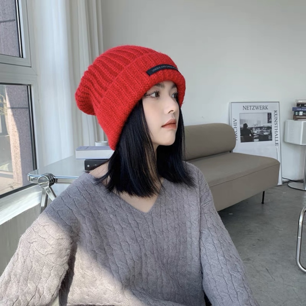 Topi Rajut Bahan Wol Tebal Hangat Warna Solid Gaya Korea Untuk Wanita-4 Merah