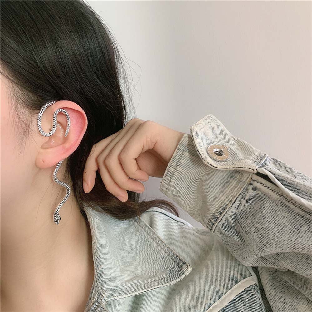 Needway  Personality Clip Earrings Punk Cuff Earrings Snake Shape  Ear Hook Women Exaggerated Creativity Girls Crystal Hip Hop Fashion Jewelry