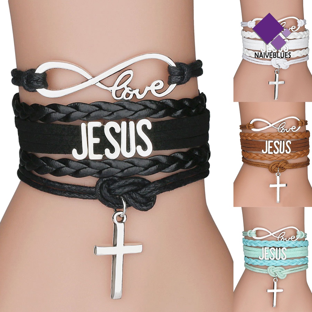 Naiveblue &gt; Gelang Tangan Tali Kepang Banyak Lapis Aksen Salib + Infinity + Love JESUS Untuk Unisex / Pria / Wanita