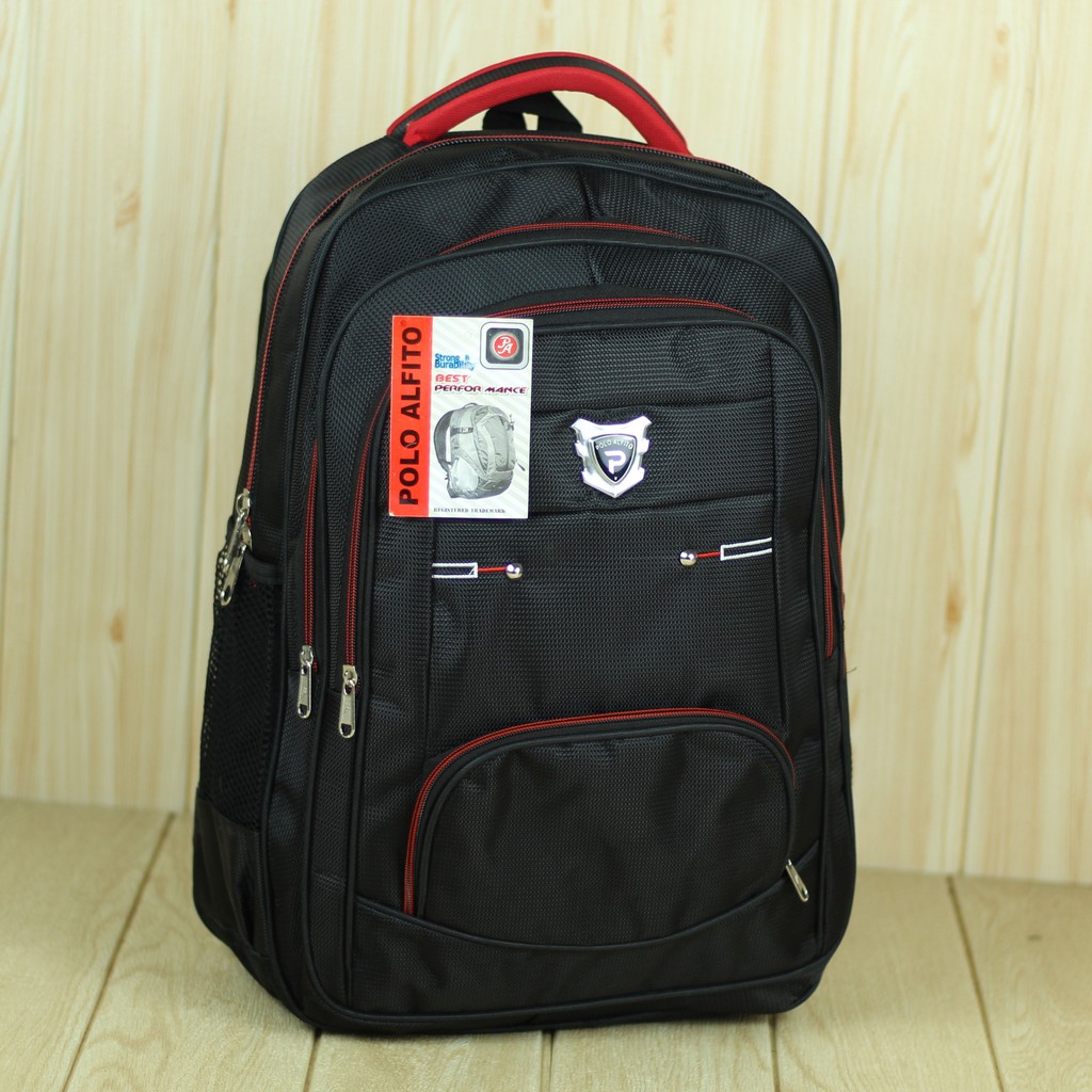 Tas Gendong Pria Polo Alfito Saku Hitam Merah Back Pack Kerja Sekolah SMP SMA Awet Berkualitas Keren