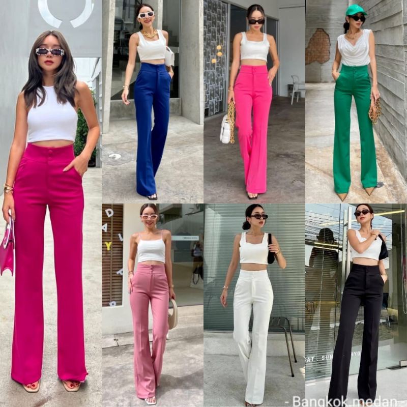 Bangkok Medan | Cutbray 2 Buttons High Waist Flare Pants Wanita Premium Import Eks Promthong
