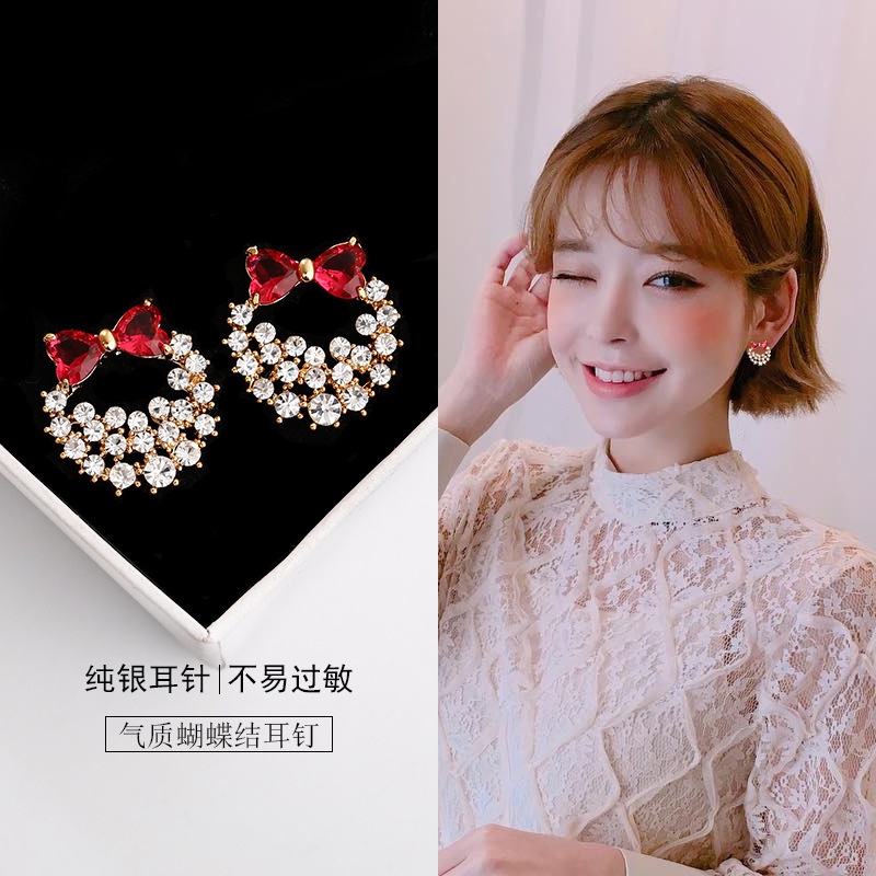 S925 gaya Korea anting-anting berlian merah muda bow perak jarum personalized anting-anting diamond