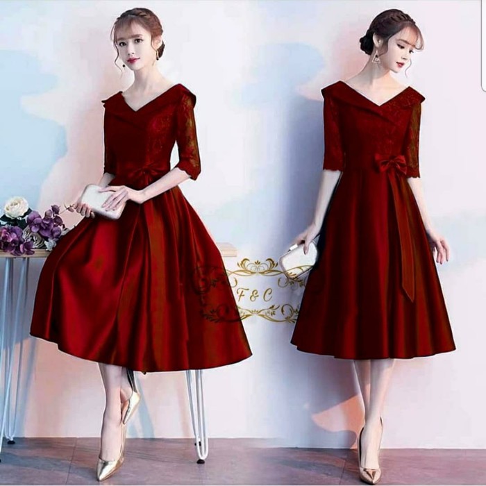 Rebeca Dress Brukat Gaun Pesta Remaja - Maroon Natal Sincia Imlek OM438 Dress V Brukat Esmeralda - M