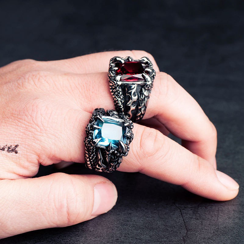 Cincin Logam Batu Permata Cakar Naga Fashion Pria