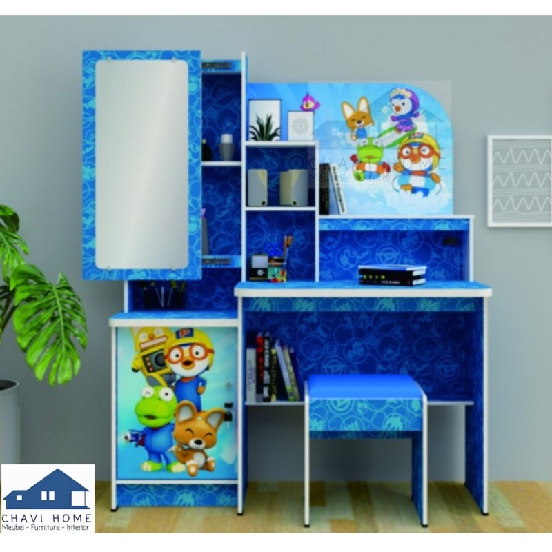 meja belajar meja komputer anak pororo dengan kaca geser dan kursi termurah