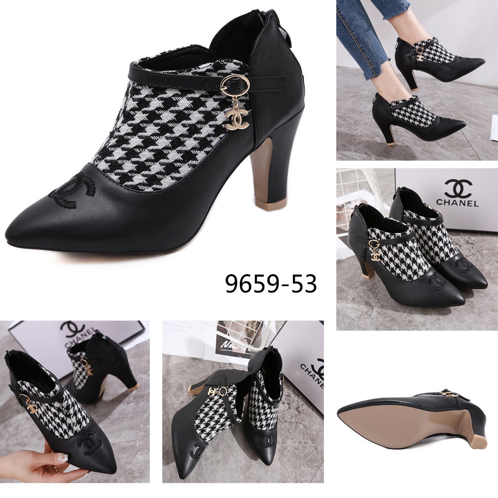 9659-53 (BAYAR DITEMPAT) Chanel Shoes Canvas-Leather High Heels #9659-53