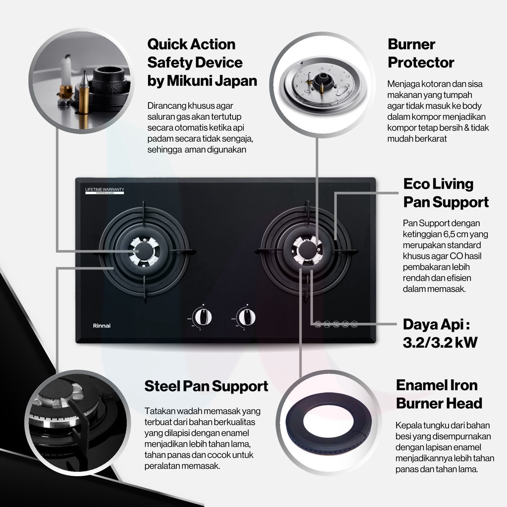 Built-in Gas Hob Rinnai Kompor Gas Tanam 2 Tungku Rinnai RB-772 RO (G)